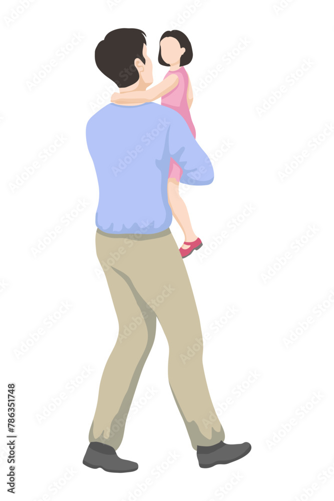 Asian father in full growth carries his daughter in his arms - simple vector style. Father and daughter