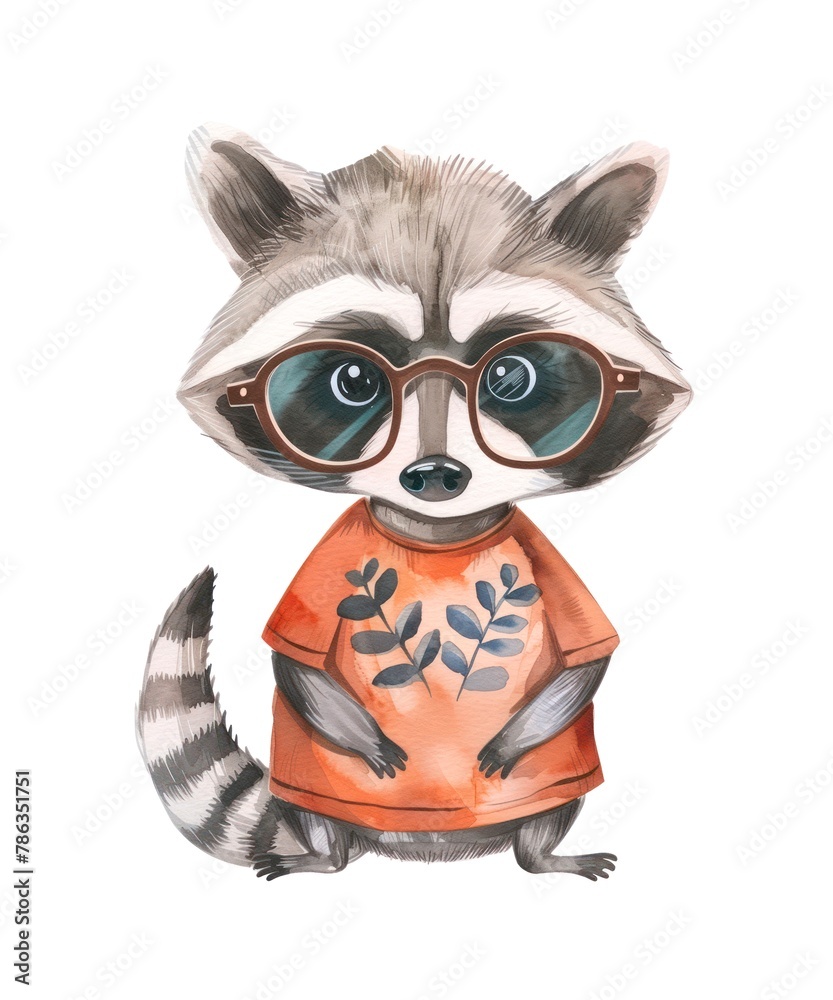 Young cute raccoon wearing glasses and orange T-shirt isolated on white background, watercolor illustration.
