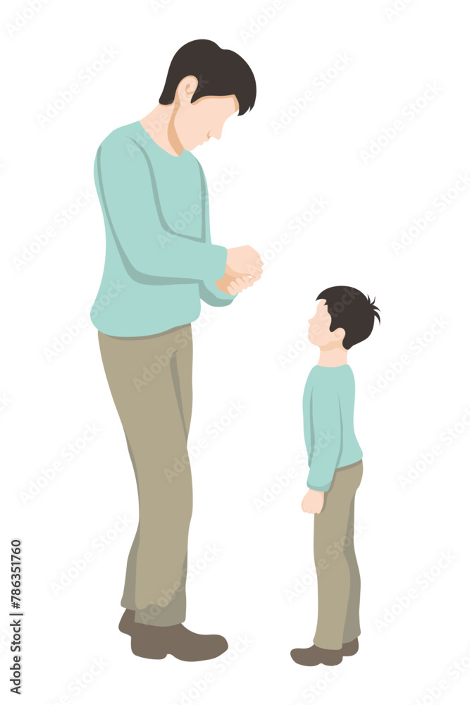 Asian father in full growth doing something with his hands, his son stands nearby and looks and waits - simple vector style. father and son Asian father in full growth doing something with his hands, his son stands nearby and looks and waits - simple vector style. father and son