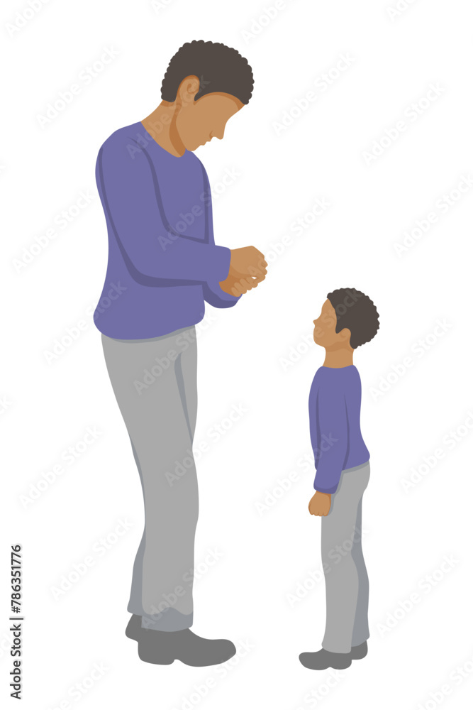 black father in full growth doing something with his hands, his son stands nearby and looks and waits - simple vector style. father and son black father in full growth doing something with his hands, his son stands nearby and looks and waits - simple vector style. father and son
