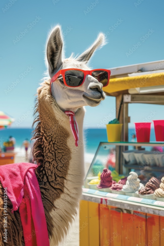 Fototapeta premium Stylish llama wearing shades at sunny beach ice-cream stand