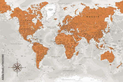 World Map - Highly Detailed Vector Map of the World. Ideally for the Print Posters. Terracotta Brown Orange Colors. With Relief and Depth