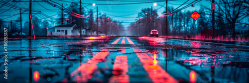 Nighttime Street Scene with Vibrant Car Lights and Rain-Drenched Surfaces, Creating a Dynamic and Colorful Urban Environment photo