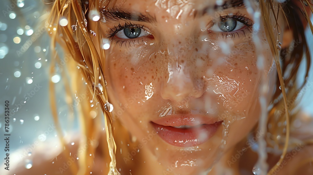 A photo of a blond woman smiling softly with water droplets on her eyelashes and cheeks, captured in a bright, steamy shower