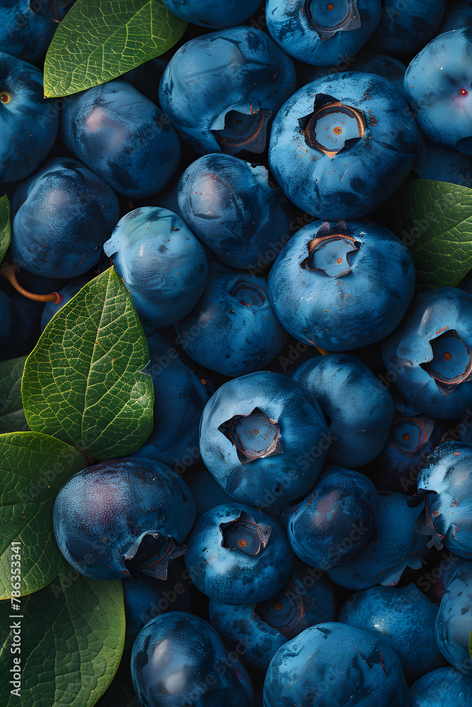 Pile of electric blueberries, a superfood, with green leaves on table - obrazy, fototapety, plakaty 