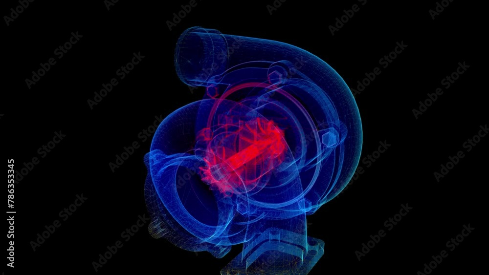 Turbocharger polygonal line 3d model. Turbine in motion, lines and connected to form. Digital technology visualization Turbocharger polygonal line 3d model. Turbine in motion, lines and connected to form. Digital technology visualization
