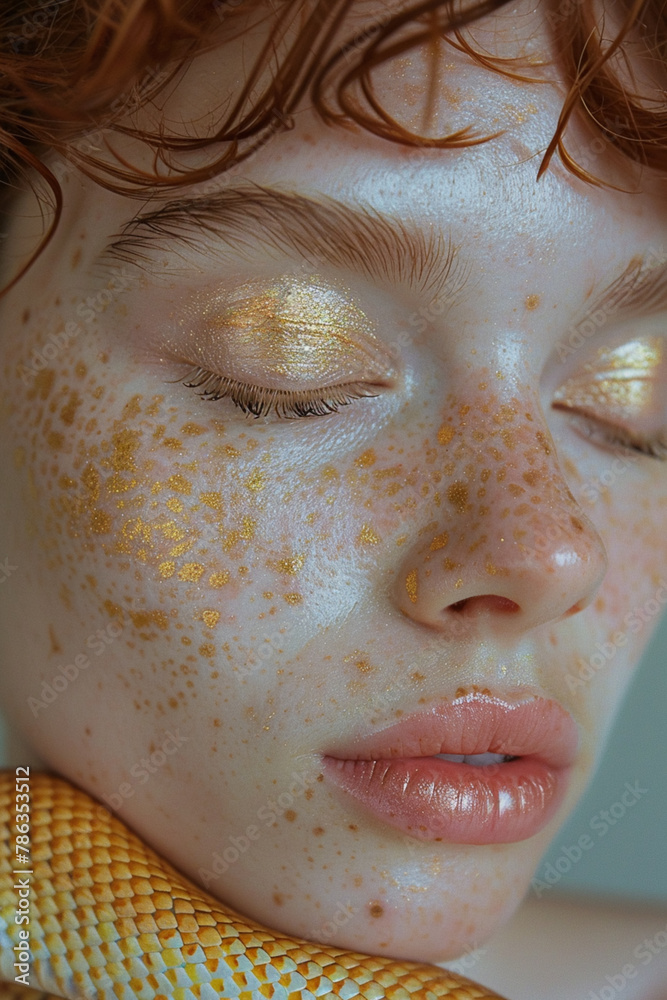 Fototapeta premium portrait of woman with freckles and glitter makeup and a snake near her face golden teal tones