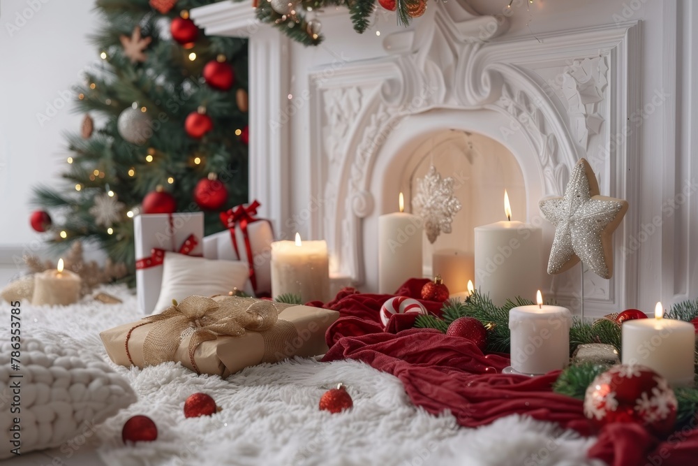 Christmas Interior of festive living room with fireplace. Christmas socks with gifts on fireplace in living room. Festive New Year magic background Christmas Interior of festive living room with fireplace. Christmas socks with gifts on fireplace in living room. Festive New Year magic background