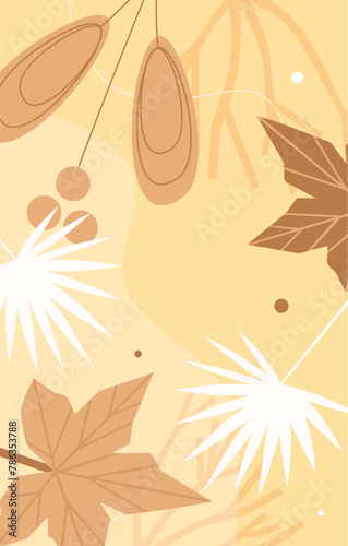 Abstract contemporary yellow pattern with autumn garden leaves and seeds vector illustration