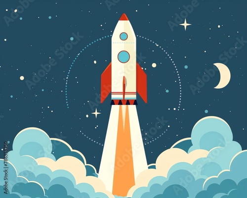 Flat design of a rocket launch, using pastel shades, clean lines depicting calm ascent, great for peaceful innovation themes