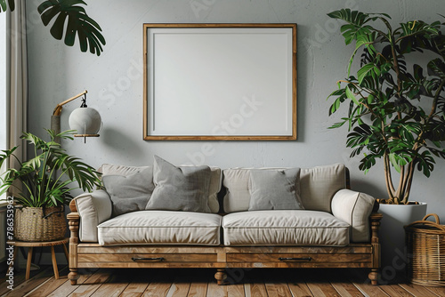 A mockup poster frame 3d render in a repurposed dresser, above a stylish sofa, family room, Scandinavian style interior design, hyperrealistic