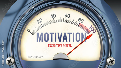 Motivation and Incentive Meter that is hitting a full scale, showing a very high level of motivation, overload of it, too much of it. Maximum value, off the charts. ,3d illustration