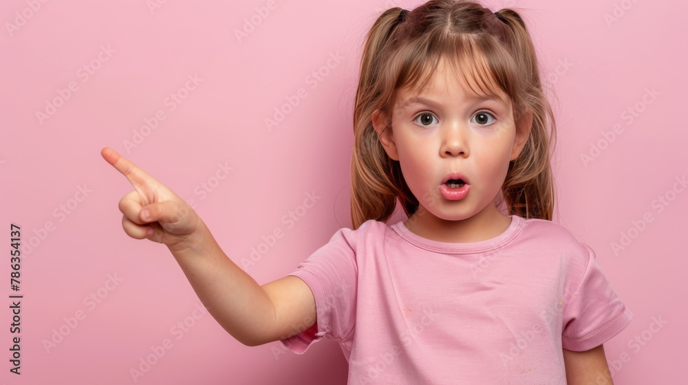 Enthusiastic girl pointing on pastel background with ample space for text placement Enthusiastic girl pointing on pastel background with ample space for text placement
