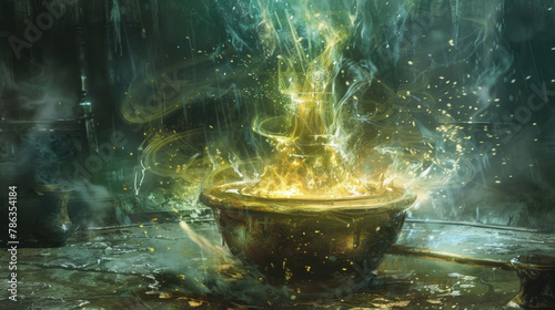 A cauldron bursts with vibrant, glowing energy amidst the shadows of an arcane room
