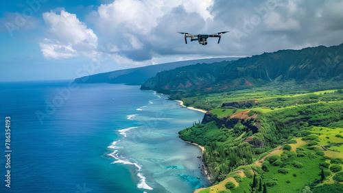Drone flying over coastal landscape with cliffs and lush greenery.