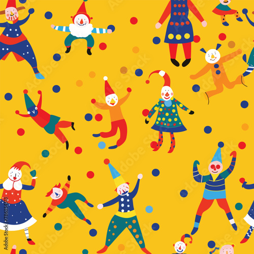 a group of clowns on a yellow background