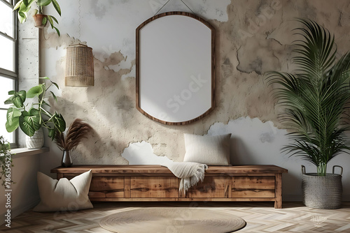 A mockup poster frame 3d render in a repurposed dresser, above a contemporary bench, foyer, Scandinavian style interior design, hyperrealistic photo