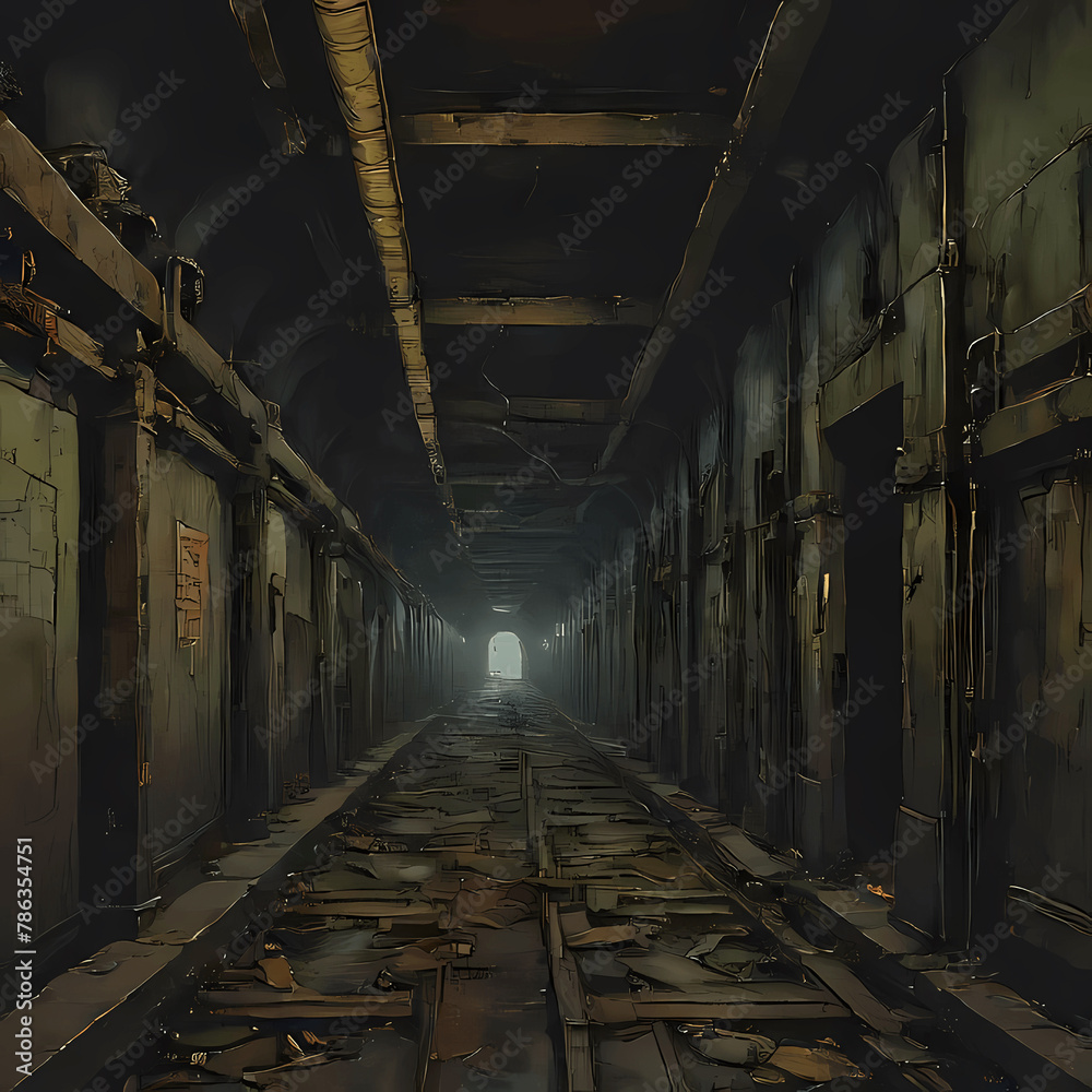 a dilapidated subway station, where rusted metal and pulsating organic matter merge into a horrifying amalgamation - obrazy, fototapety, plakaty 