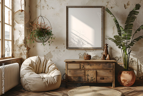 A mockup poster frame 3d render in a salvaged dresser, above a comfortable armchair, meditation room, Scandinavian style interior design, hyperrealistic photo