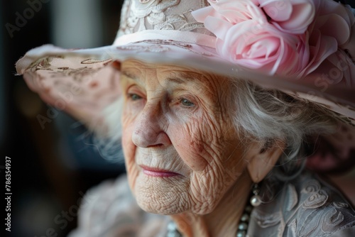 Attractive bright elderly woman in an elegant hat celebrating her centenary