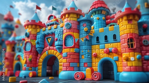 3D cartoonstyle image of children climbing on a giant jungle gym shaped like a castle, complete with flags and turrets photo