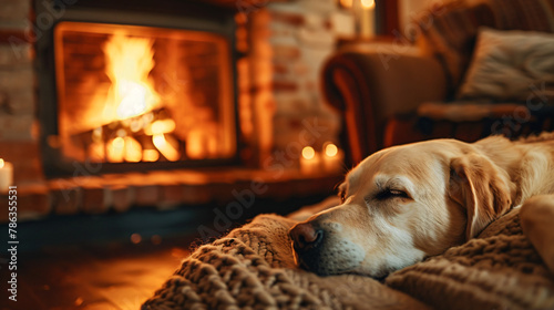 Dog resting by fireplace in cozy home.
