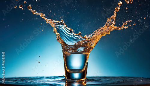 Glass shot of vodka with splashes. Alcoholic beverage. photo