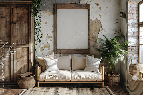 A mockup poster frame 3d render in a rustic wardrobe, above a sleek settee, lounge, Scandinavian style interior design, hyperrealistic photo
