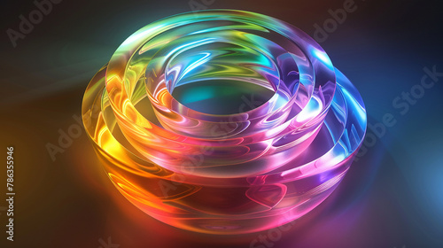 Semi-transparent rainbow layers in 3D form a glowing, intricate circle.