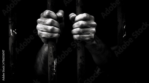 Hands of a prisoner behind prison bars photo