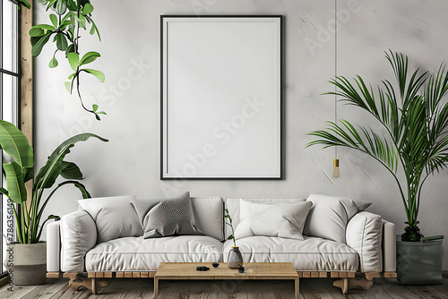 A mockup poster frame 3d render in an antique shelving unit, above a contemporary couch, studio apartment, Scandinavian style interior design, hyperrealistic photo