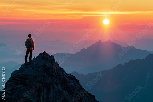 Silhouette of the man success on the peak of mountain, Sport and active life sunset landscape