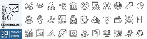Stakeholder web line icons set. Stakeholder outline icons with editable stroke collection. Includes Project, Growth, Investor, Report, Presentation, and More
