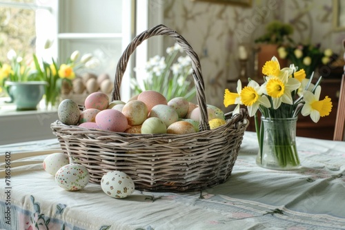 Wallpaper Mural Beautiful Easter still life with wicker basket, colorful eggs and vibrant daffodils on rustic table Torontodigital.ca