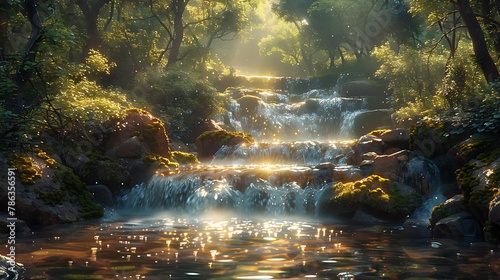 Focus on the shimmering surface of a sunlit stream as it cascades over moss-covered rocks, the rushing water blurring the reflections of overhanging branches and dappled sunlight. photo