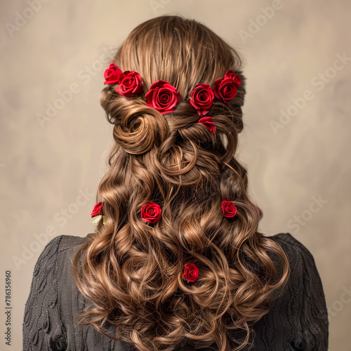 rear view of young woman with flowers in long hair