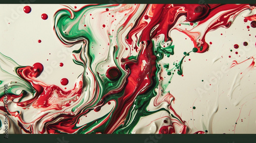 Red and green paint swirls on a white background.