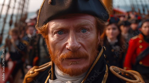 Close-up of a man dressed as a historical naval officer with a concerned expression, surrounded by people in uniform