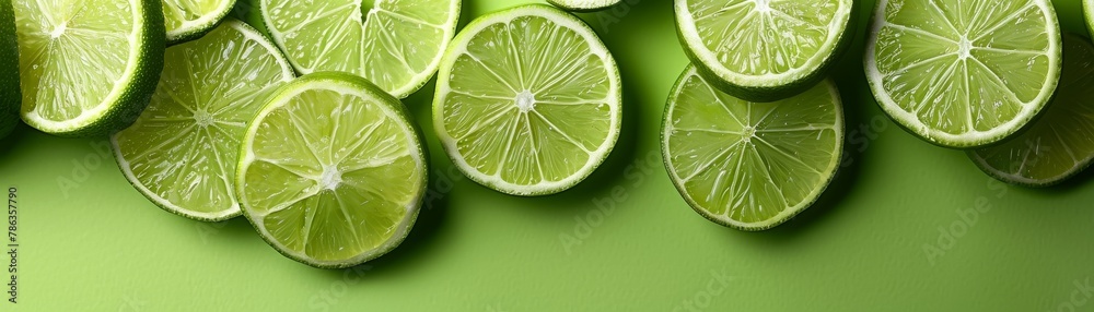 Thinly sliced limes arranged in a circular pattern on a green background, with text space on the right Thinly sliced limes arranged in a circular pattern on a green background, with text space on the right