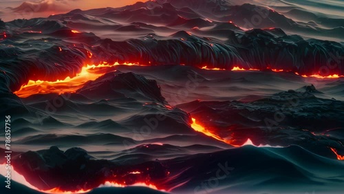 Video animation of  striking volcanic landscape at night, highlighted by multiple streams of bright orange lava flowing through the dark terrain photo