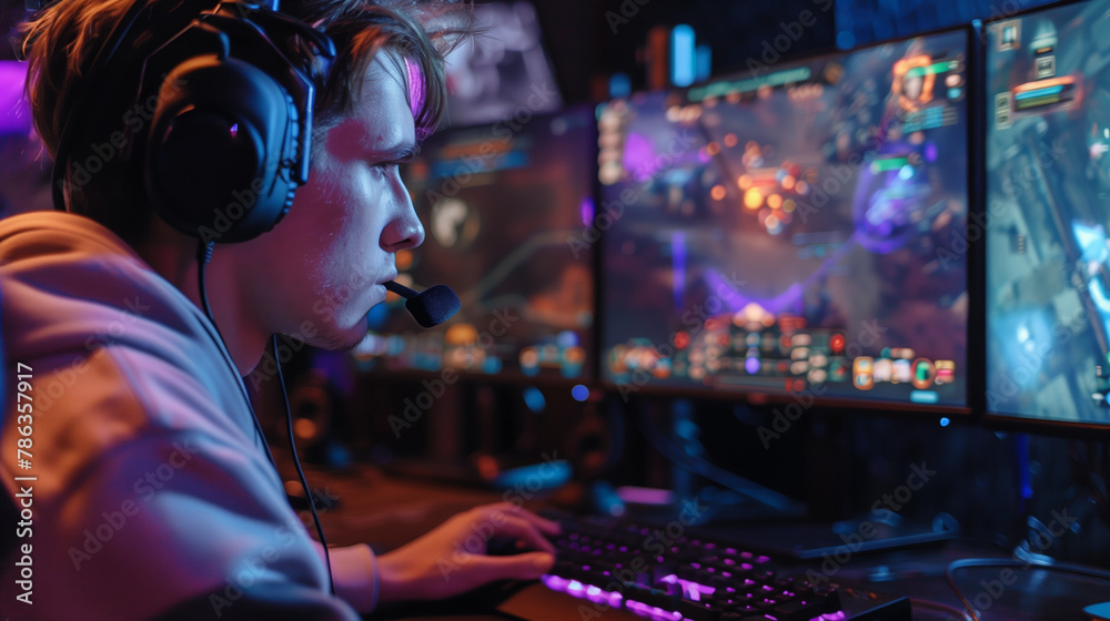 Intense gamer focused on a strategy game with glowing monitors Intense gamer focused on a strategy game with glowing monitors