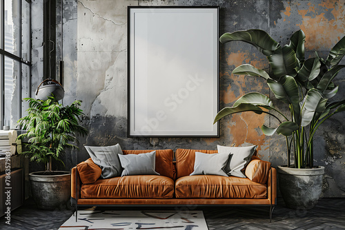 A mockup poster frame 3d render in an industrial locker, above a modern couch, entertainment room, Scandinavian style interior design, hyperrealistic photo