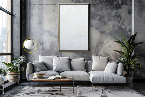 A mockup poster frame 3d render in an office table, above a modern sofa, bedroom, Scandinavian style interior design, hyperrealistic photo