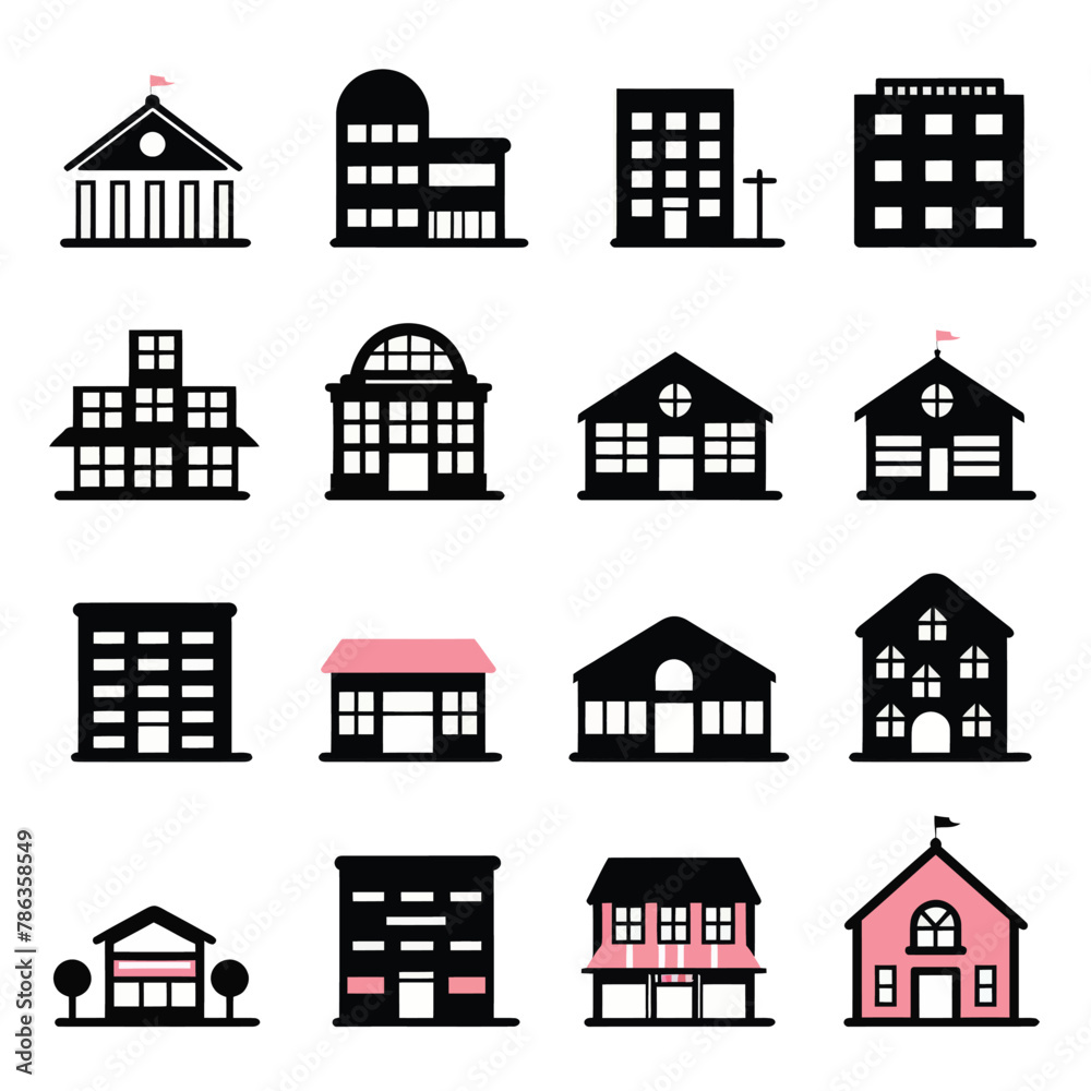 a set of black and pink buildings on a white background