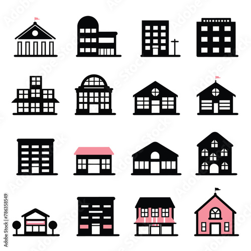 a set of black and pink buildings on a white background