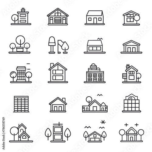 a set of icons of houses and trees