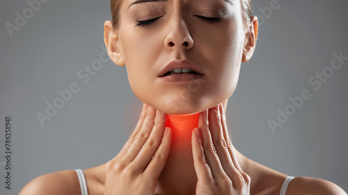 Endocrine system. Woman suffering from pain in thyroid gland