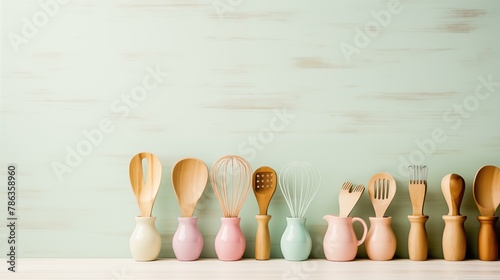 kitchen utensils on wooden table, crockery domestic kitchen work tool domestic life bowl photo