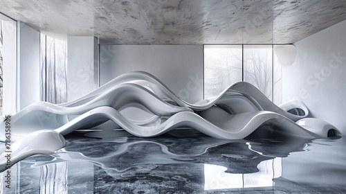 Futuristic interior design with wavy white structures and reflective black floor, surrounded by large windows showing a snowy landscape.