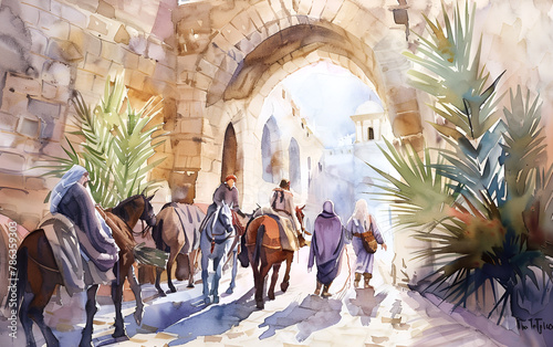 Esus entering in Jerusalem Palm Sunday New Testament Watercolor Biblical Illustration